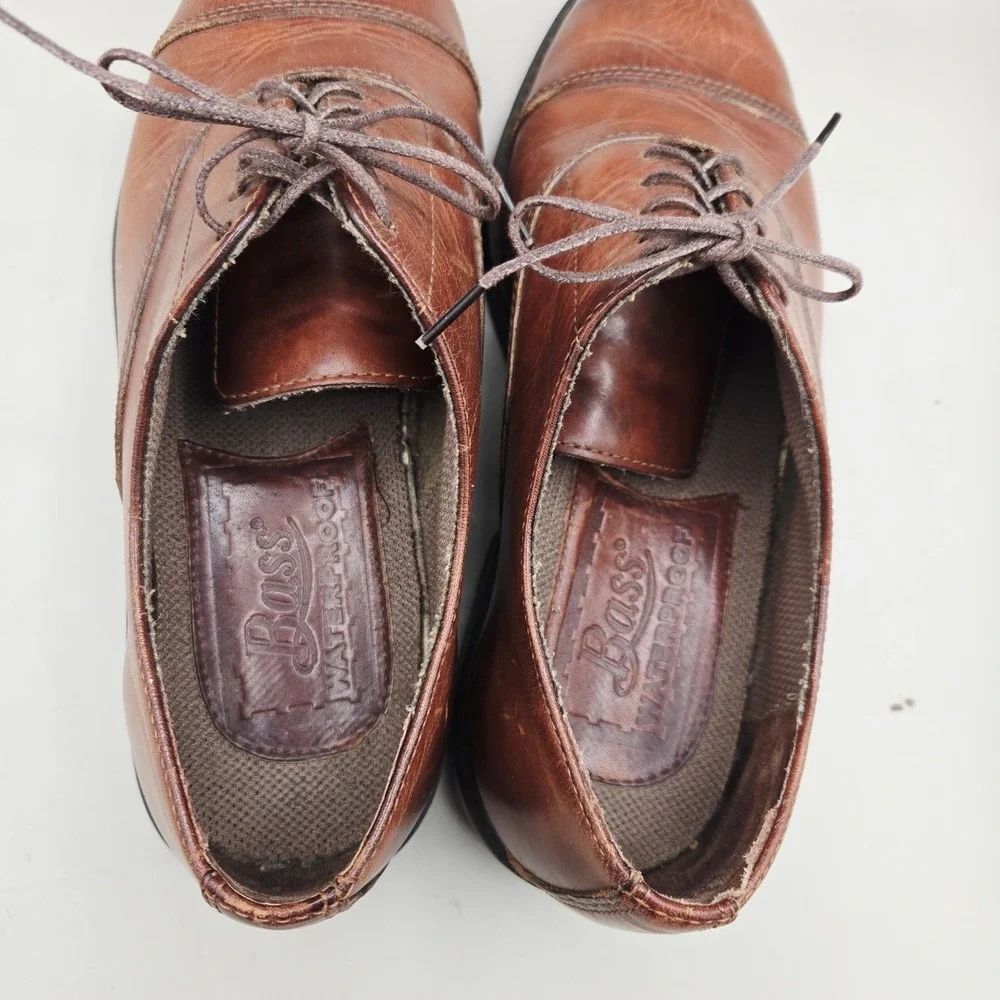 Bass Wallstreet Waterproof Brown Leather Oxford Cap Toe Lace Shoes Men Sz 7.5 US